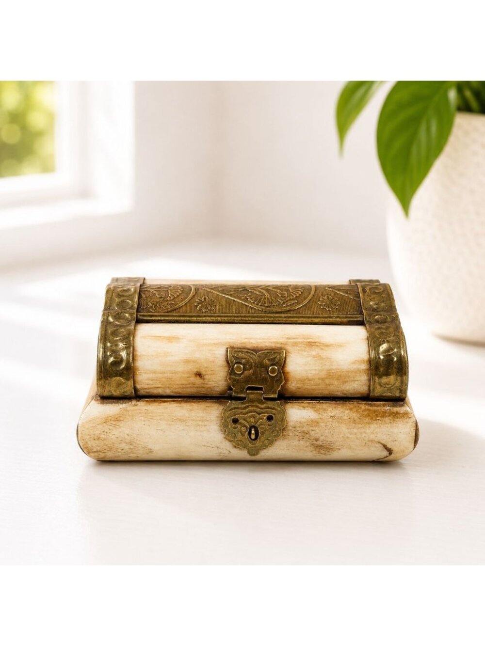 Vintage Brass & Camel Bone Jewelry Trinket Box With Engraved Floral Details & Ve
